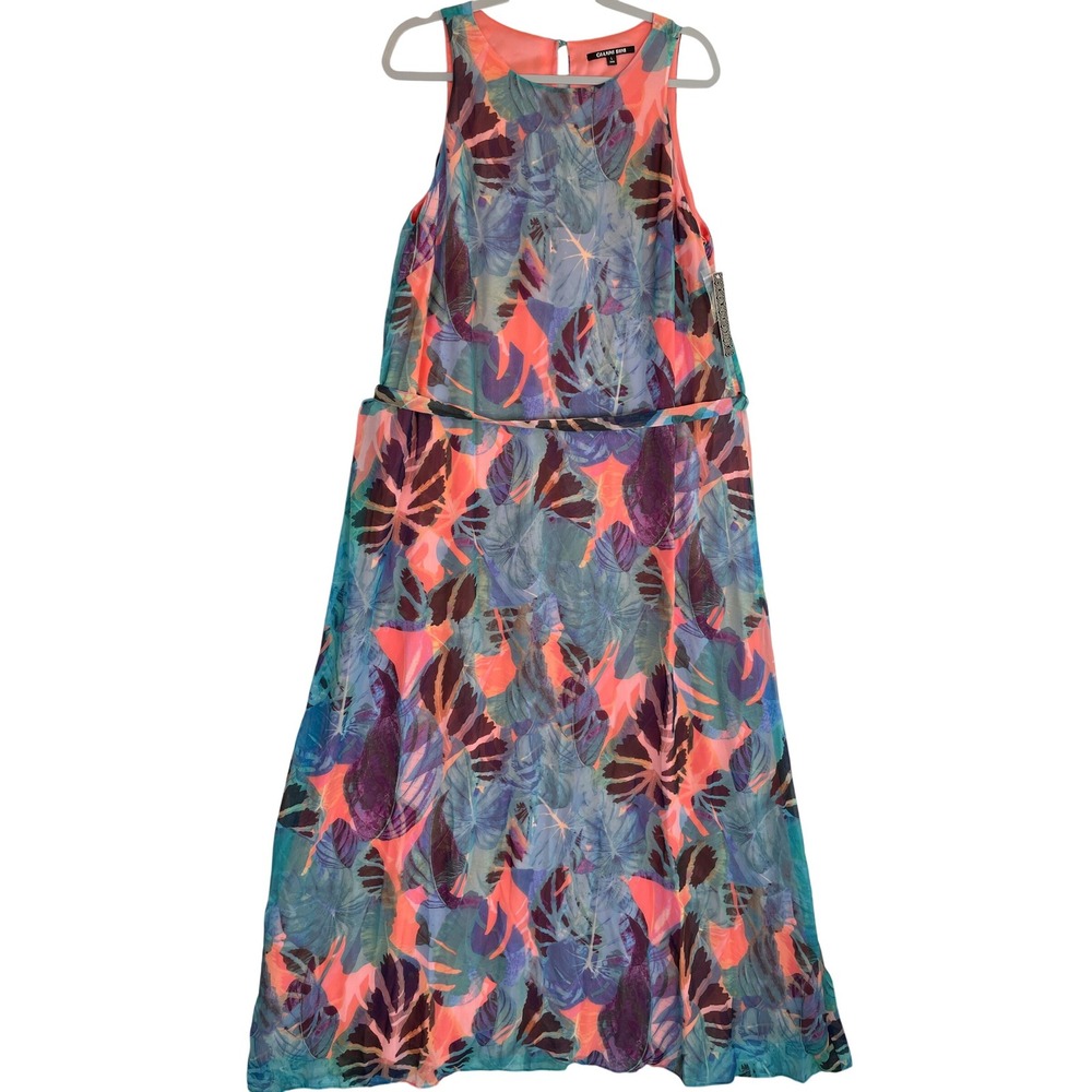 Gianni Bini Women's Mint Foam Peach Leaf Print Maxi Dress‎ Size L NWT